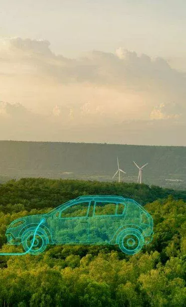 Wind turbines in a green landscape