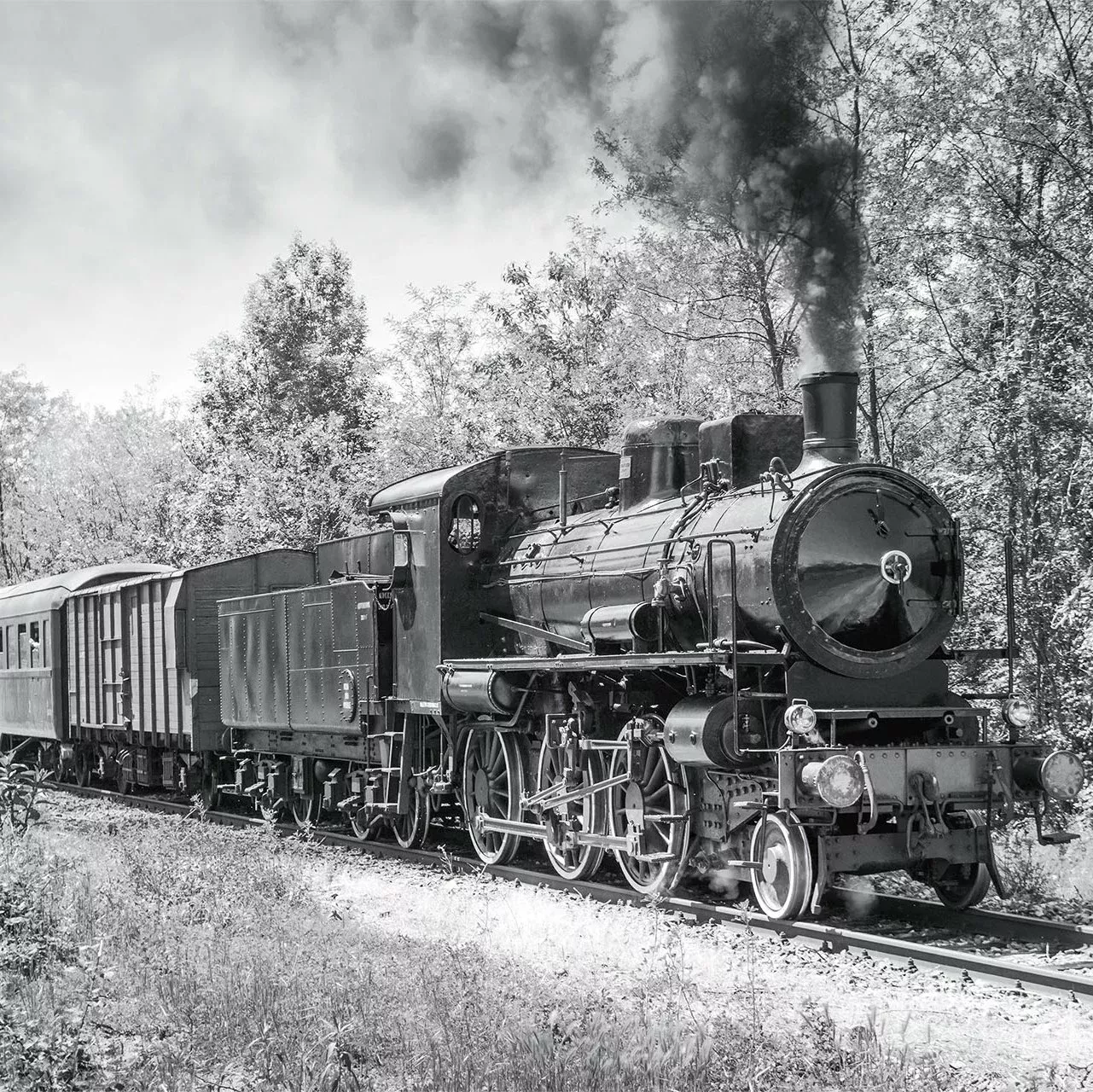 Black and white picture of a railway