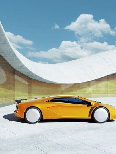 Yellow animated car with glass building in the background