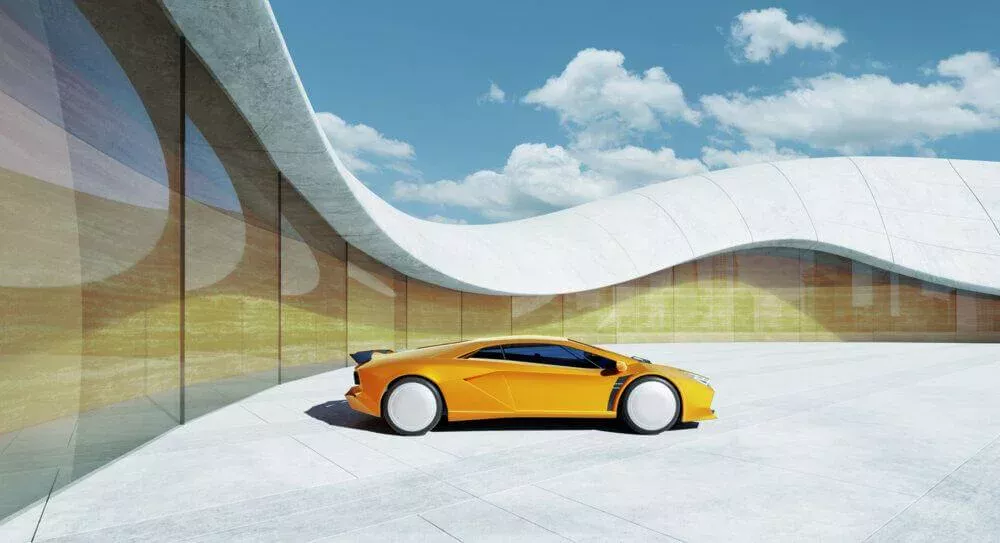 Animated yellow car in front of a glass building