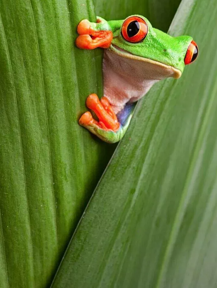 Green frog hiding behind a leaf.