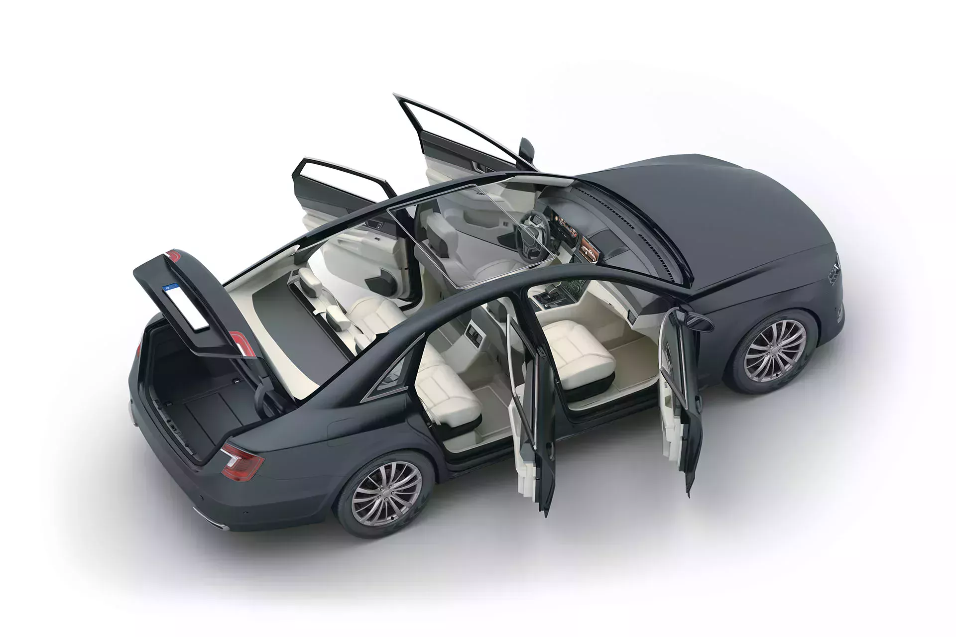 Black car with open doors and open boot